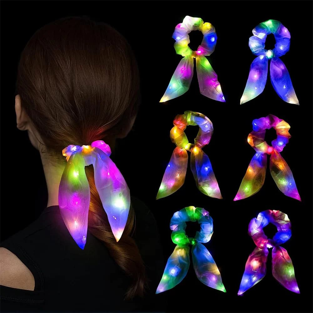 Led Rabbit Bunny Ear Bows Hair Girls Light Up Hair Ring Fun Eye-Catching Ponytail Holders Glow In The Dark Neon Party Supplies