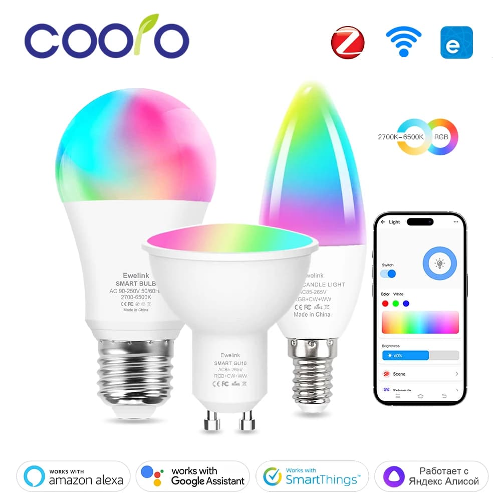 Smart WiFi Zigbee LED Light Bulb Dimmable E27 E14 GU10 RGBCW 2700-6500K LED Candle Lamp For Ewelink APP Alexa Google Home Yandex