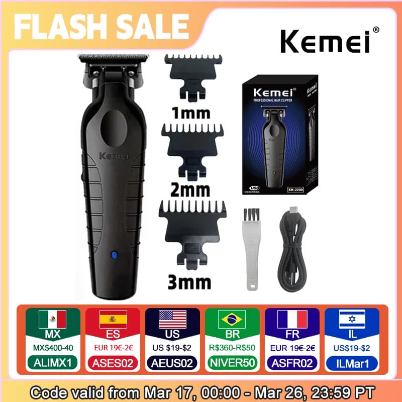 Kemei 2299 Barber Cordless Hair Trimmer 0mm Zero Gapped Carving Clipper Detailer Professional Electric Finish Cutting Machine