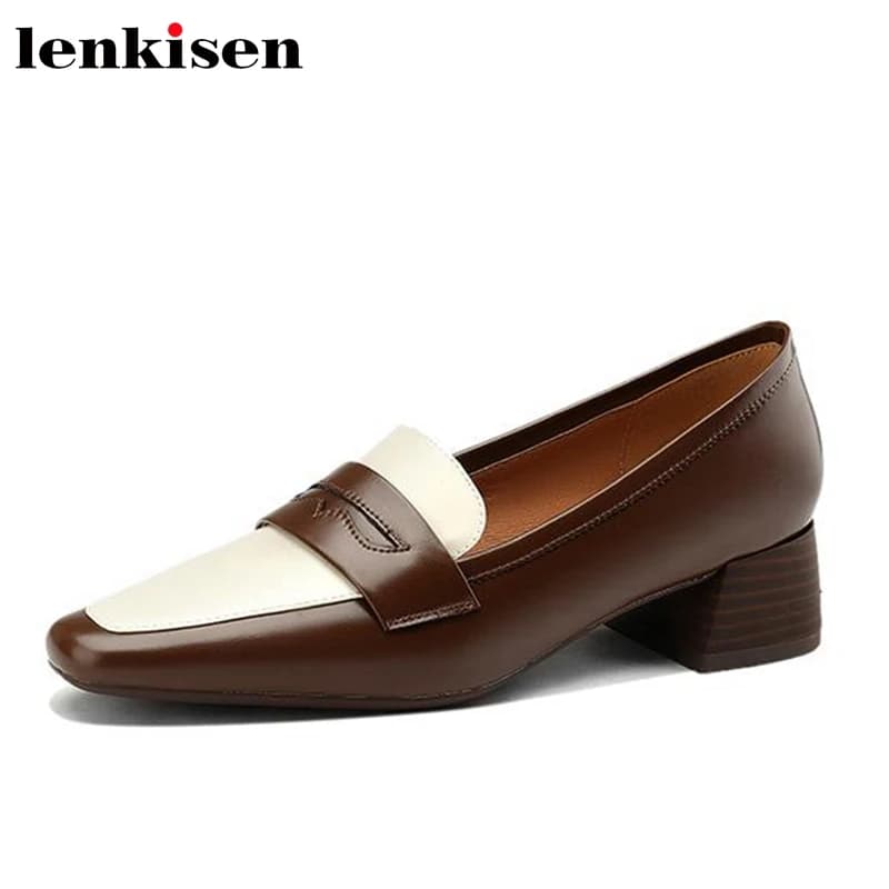 Lenkisen Retro Size 40 Cow Leather Spring Brand Shoes Mixed Colors Sewing Thread England Style Grace Slip on Brand Women Pumps