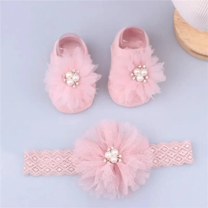 Cute Pearl Bows Baby Headband Socks Set Non Slip Cotton Sock Lace Flower Newborn Hair Band Turban Girl Hair Accessories
