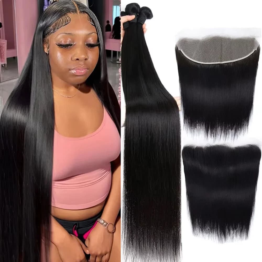 Bone Straight Human Hair Bundles With 13x4 HD Lace Frontal With Extensions Brazilian Weavings 3 Bundles With Closure for Women