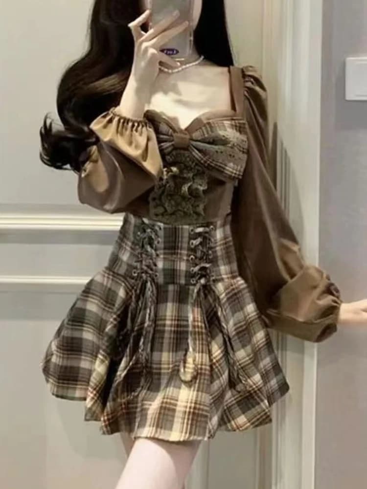 Sweet Kawaii New Two Piece Set Women Bow Plaid Y2K Patchwork Mini Skirt Suit Female Korean Fashion Designer Casual Cute Set 2024