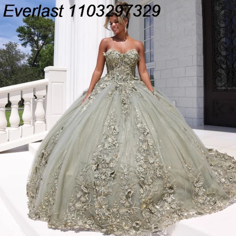 EVLAST Customized Light Green Quinceanera Dress Ball Gown 3D Floral Applique Beading Crystal Sweet 16 Vestidos De 15 Años TQD177