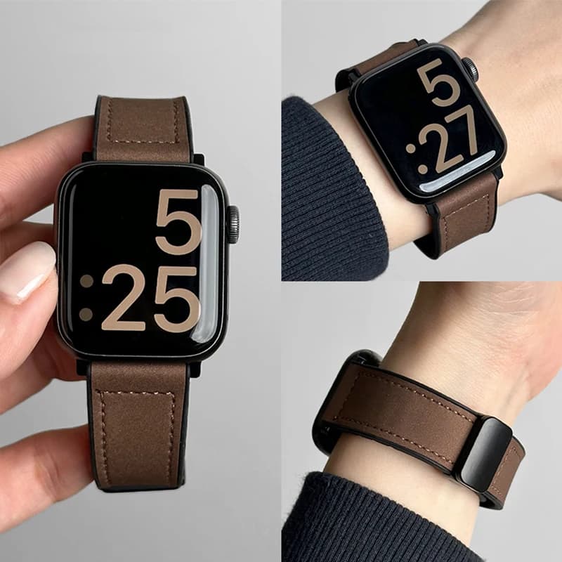 Leather+Silicone Strap For Apple Watch Band Ultra 49mm 44mm 45mm 41mm 46mm 40mm 42mm Magnetic Bracelet iwatch Series 10 9 8 7 6