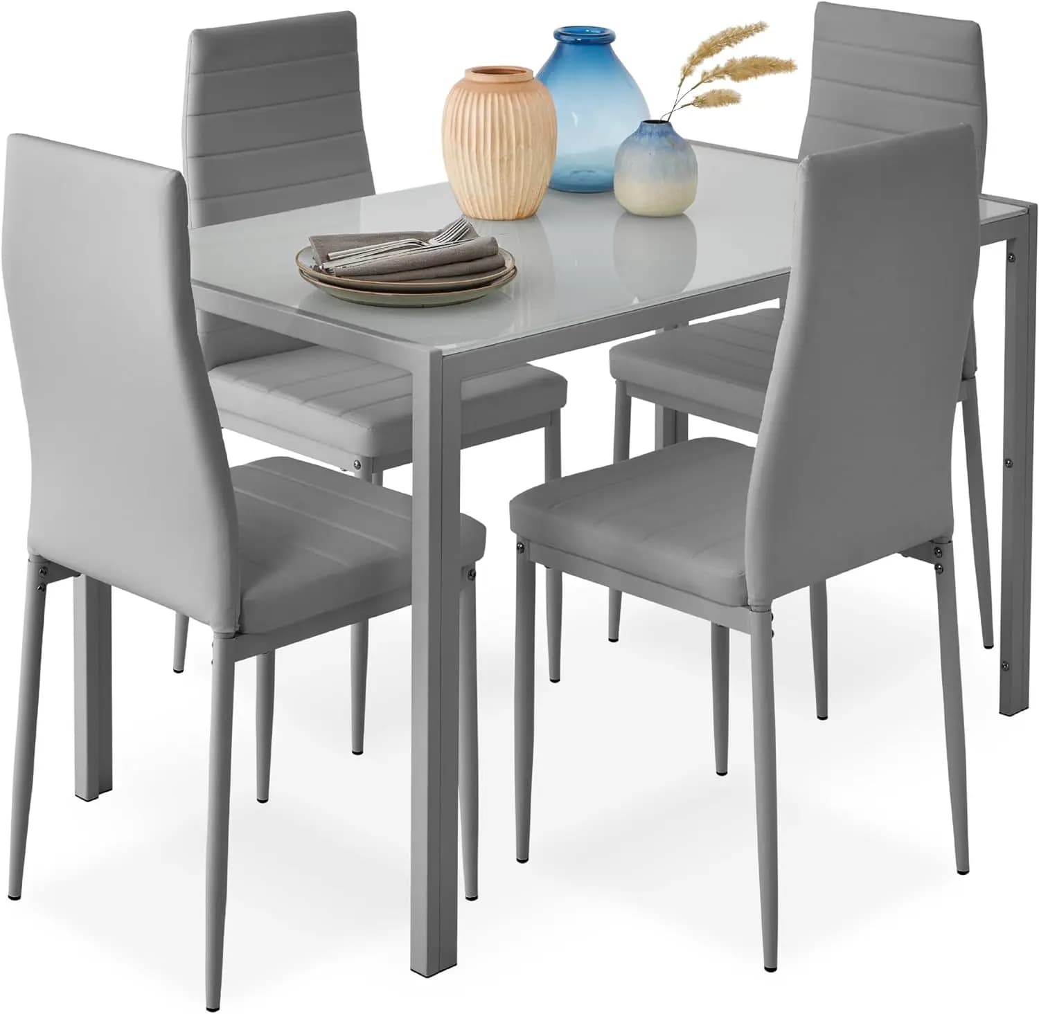 5-Piece Glass Dining Set, Modern Kitchen Table Furniture for Dining Room, w/Glass Tabletop, 4 Upholstered PU Chairs, HOT