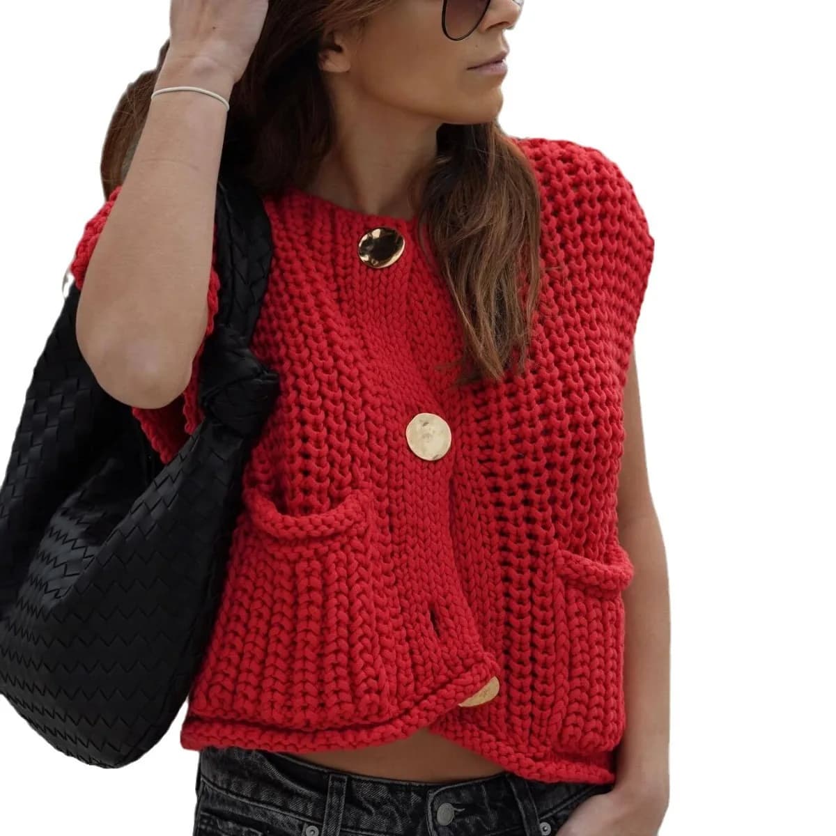 2025 Fall Clothes Korean Fashion Sweater Vests Women V Neck Blue Button-Up Front Pockets Sleeveless Cable Knit Cardigan Vest Red