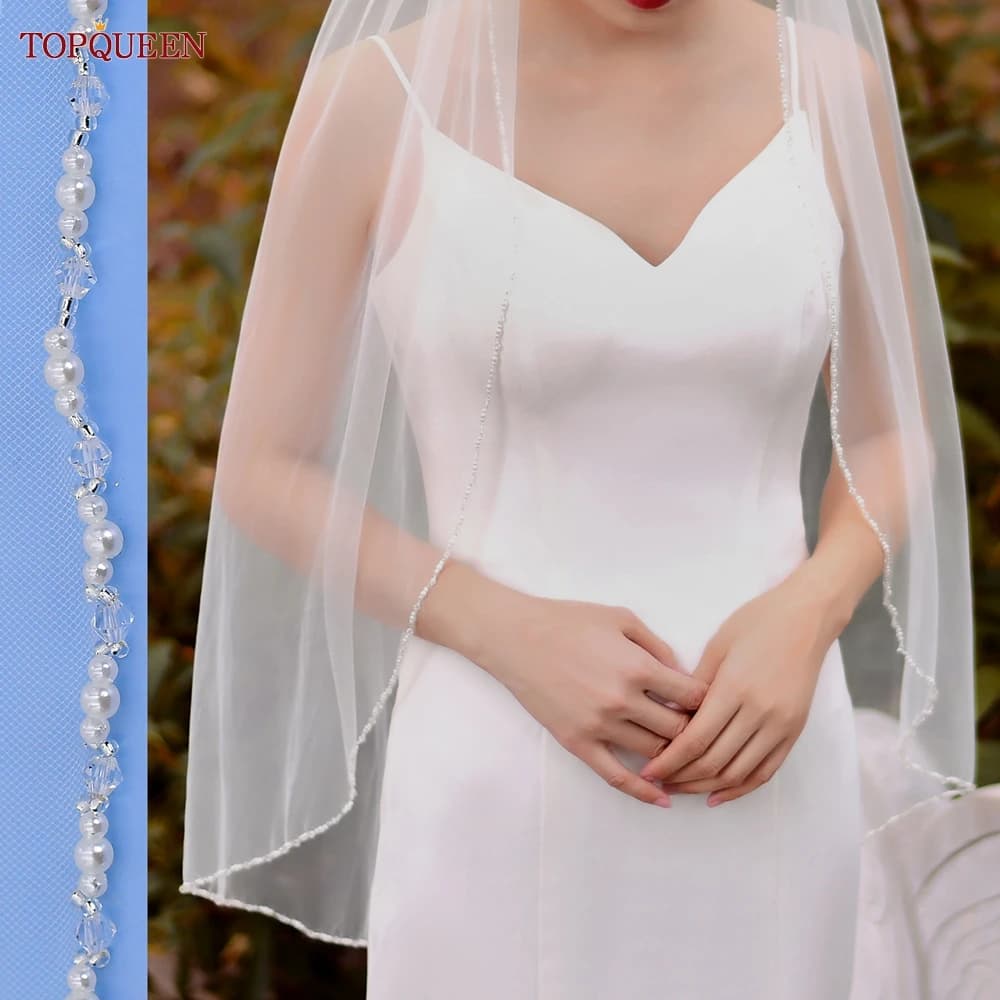TOPQUEEN V107 Wedding Veils With Pearl And Beading Bridal Veils Wedding Crystal Beaded Veils Wedding Crystal Beaded Bling Short