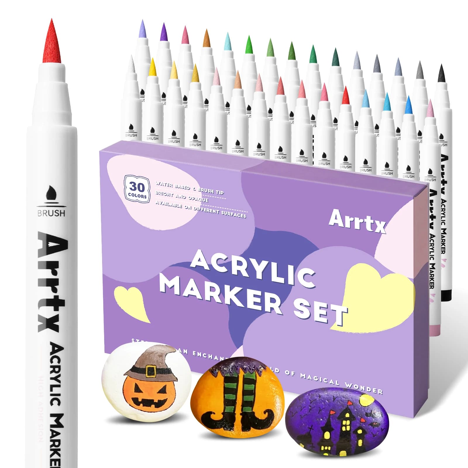 Arrtx 30/32/36 Colors  Acrylic Paint Marker Brush Tip Pens for Rock Stone Ceramic Porcelain Mug Wood Fabric Canvas Marking Pens