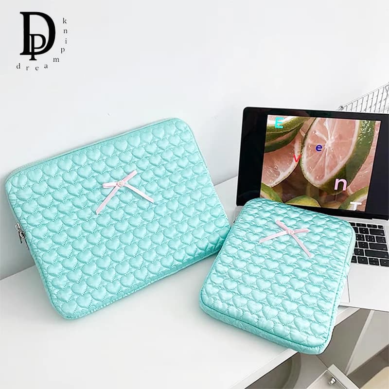 Bow Lovely Heart Laptop Bag Large Capacity Woman Unversity Student Notebook Protective Storage Bag Lady Tablet Computer Pouch