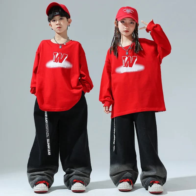 Kid Cool Hip Hop Clothing Red Oversized Print Sweatshirt Top Casual Jeans Baggy Pants for Girls Boys Jazz Dance Costumes Clothes
