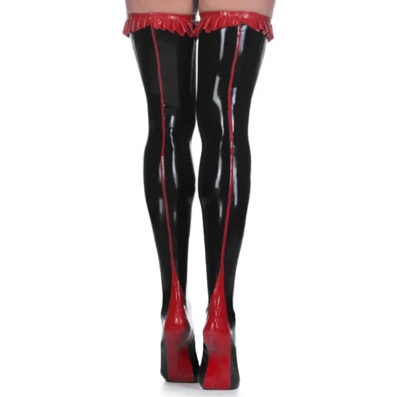 Sexy Long Latex Rubber Thigh High Stockings With Ruffles French Maid Trims Party