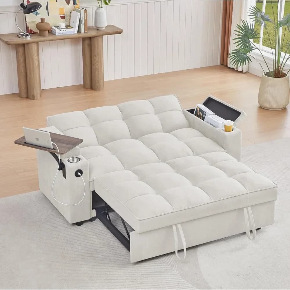 65''3-in-1 Convertible Sleeper Queen Sofa Modern Chenille Fabric Sofa Pullout Sofa 360 Degree Swivel Side Table,Easy to Assemble