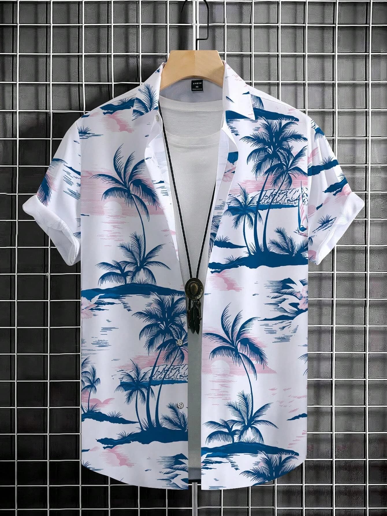 Men's Coconut Tree Graphic Print Short Sleeve Lapel Shirt Tops Men's Casual Button-Down Shirts For Summer Daily Wear And Resort