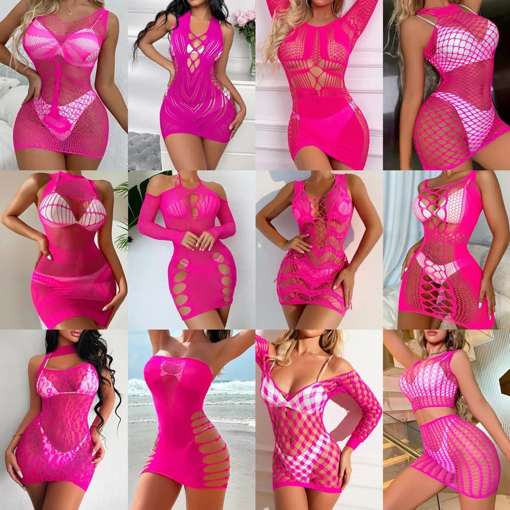 2024 New Fashion Nightclub Party Mesh Clothes Hot Selling Rose Color Girl Sex Underwear Erotic Fishnet Perspective Bodycon Dress
