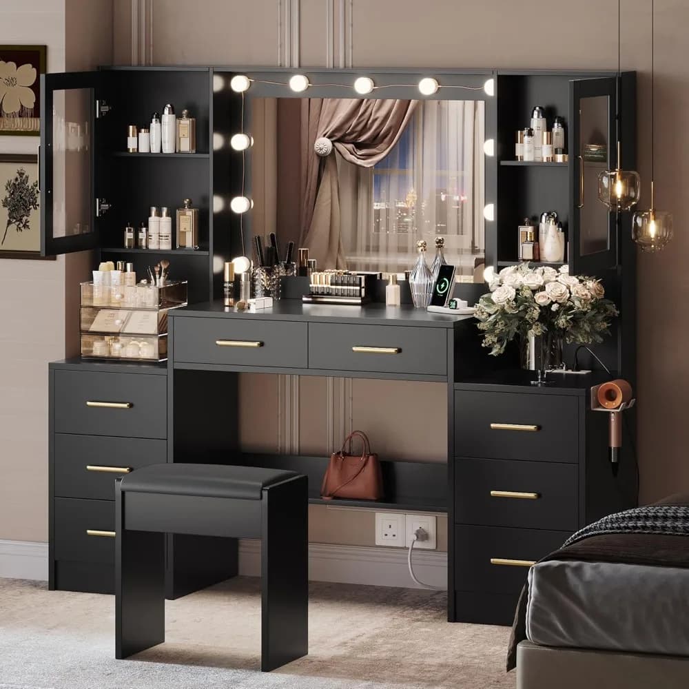 Makeup Vanity Desk with Mirror and Lights, 58.3" Makeup Vanity with Lights & Charging Station, Dressing Table Vanity Set