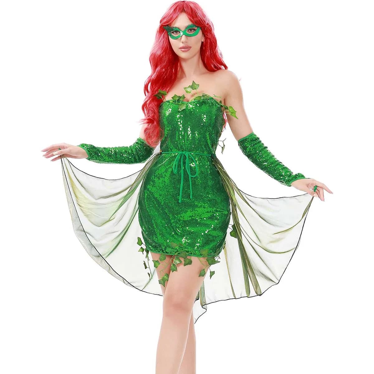 Halloween Leaf Green Poison Ivy Cosplay Costume Sequin Strapless Dress