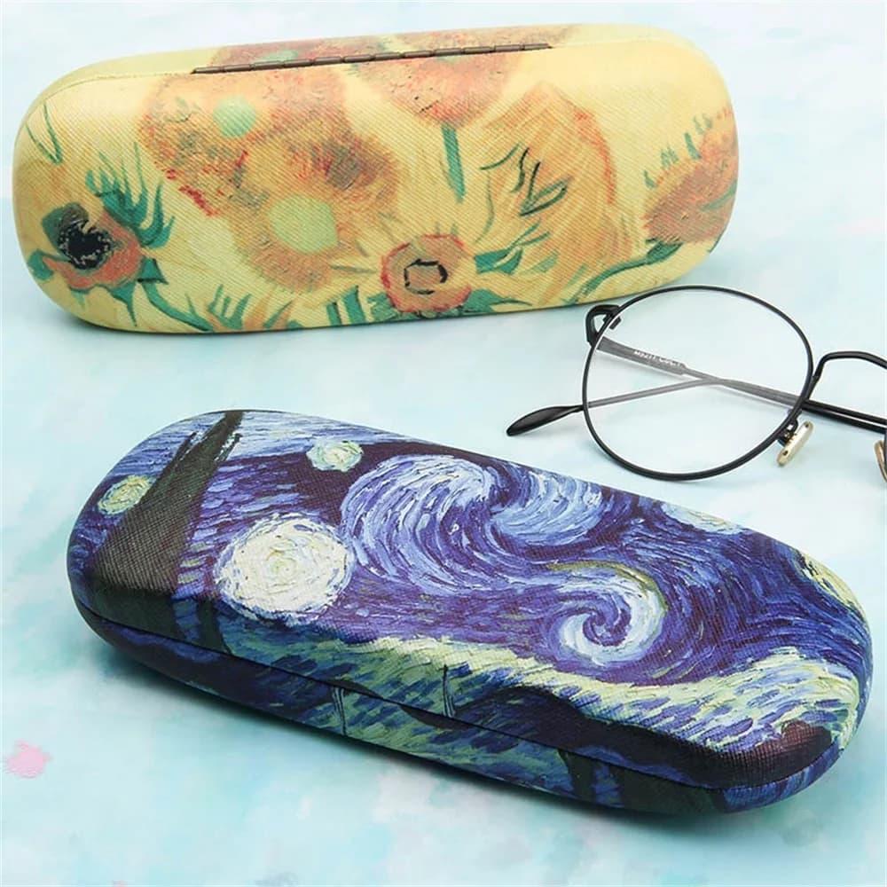 Fashion Oil Painting Glasses Case Box Hard Leather Reading Glasses Box Van Gogh Art Retro Floral Print Eyewear Protector Holder