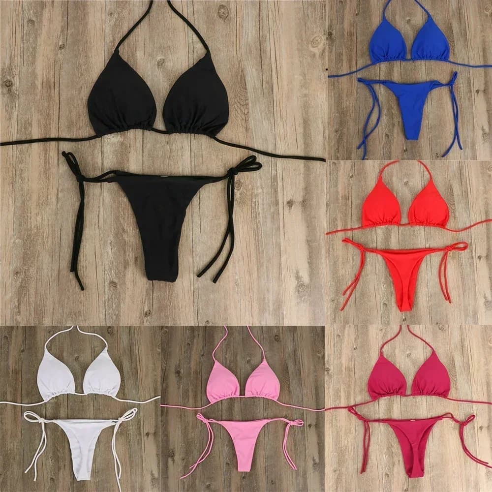 Women Thong Bikini Set Side Tie Sexy Swimsuit Bandage Style Brazilian Swimwear Bikini 2022 Woman Solid Color Beach Swimwear
