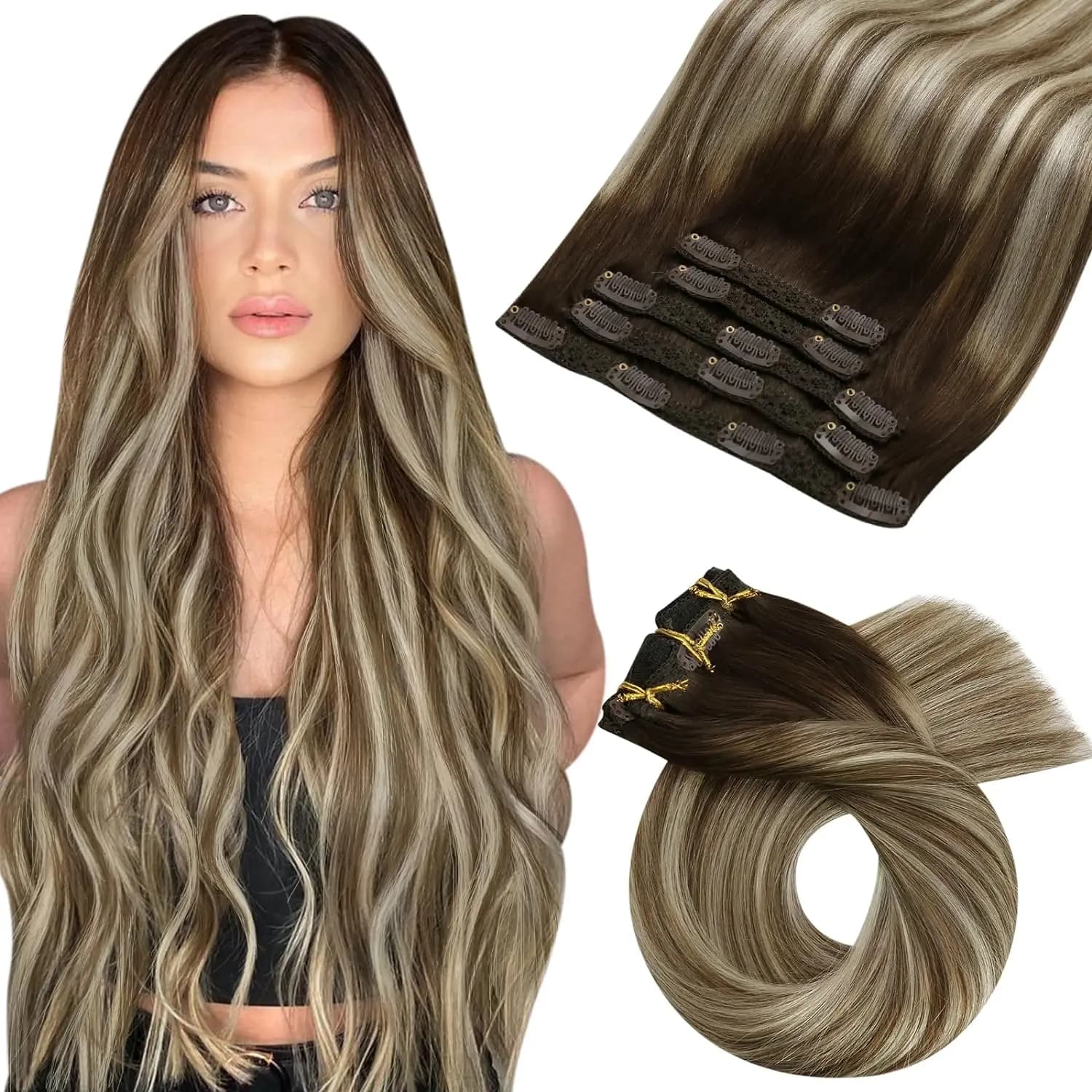 Moresoo Clip in Hair Extensions Real Human Hair Ombre Real Hair Extension Clip in Human Hair 5PCS&7PCS Remy Clip in Extensions