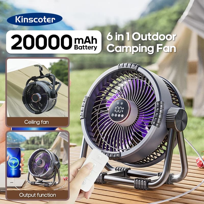 KINSCOTER Portable 6 in 1 Camping Fan 20000mAh Multifunctional Outdoor Desktop Air Circulator Wireless Ceiling  w/ Hook & Light