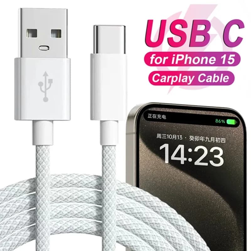 USB C Mobile Phone Cable Fast Charging USB A To Type C Nylon Braided Cord for Apple Carplay IPhone 15/15 Pro/15 Pro Max/15 Plus