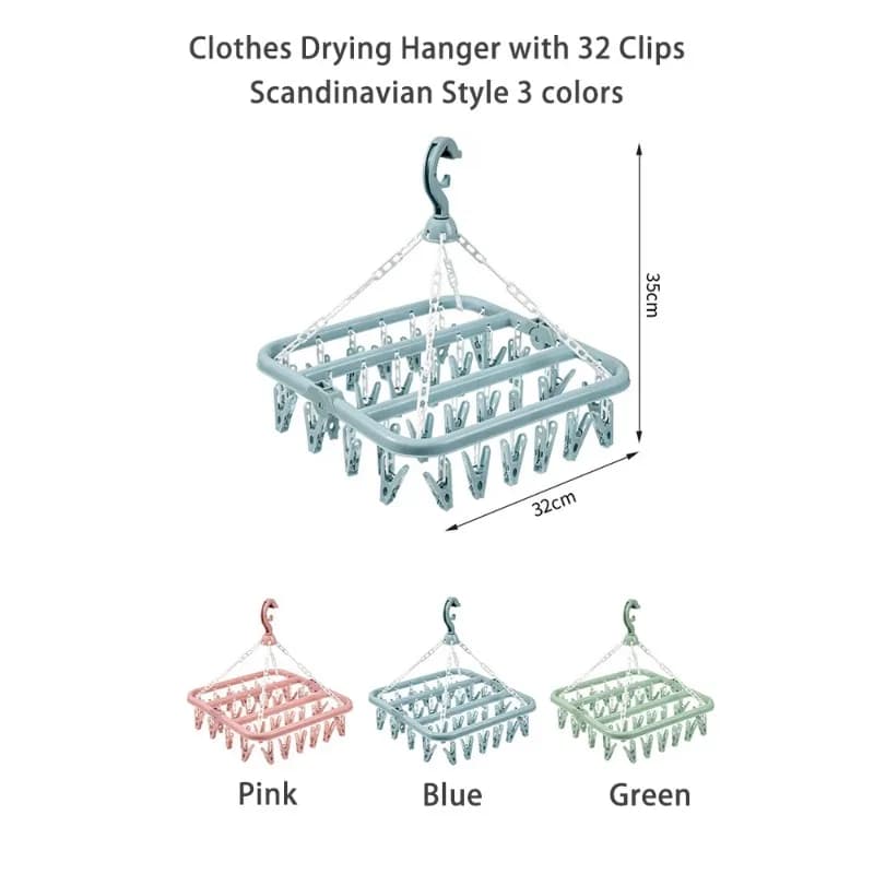 Clothes Drying Hanger with 32 Clips and Drip Foldable Hanging Rack for Socks,Bras,Towel,Underwear,Hat,Scarf,Pants,Baby Clothes