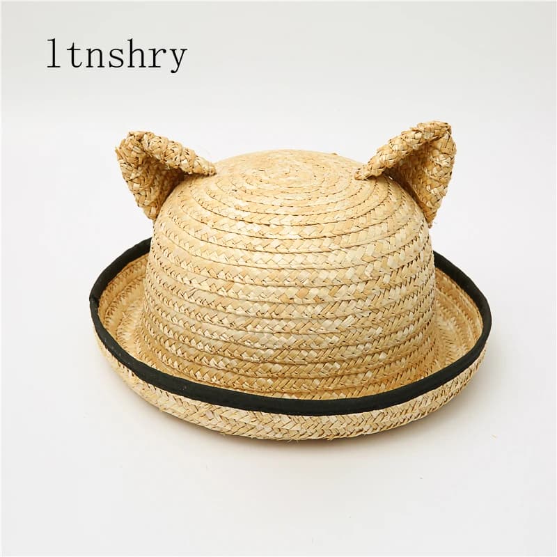 2022 New Summer New Cat Ears Handmade Natural Straw Sun Hat with Bow for Women Solid Beach Cap Girls UV Protection Sunhat