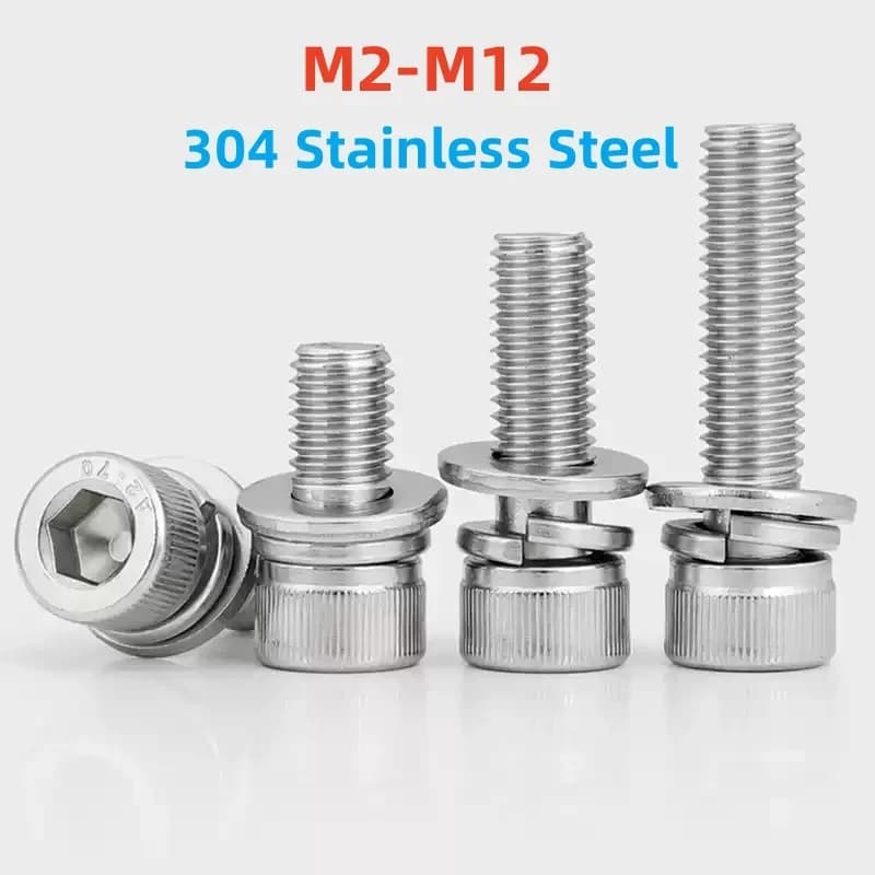 304 Stainless Steel Hexagon Hex Socket Head Knurled Cap Head Screw M2-M12 With Flat Washer Spring Gasket Assemble Bolts