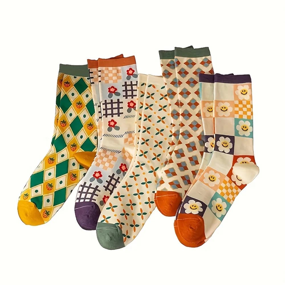 5 Pair/Lot Print Cute Long Socks Women Fashion Flowers Socks Set Kawaii Breathable Korean Style Streetwear Middle TubeSocken