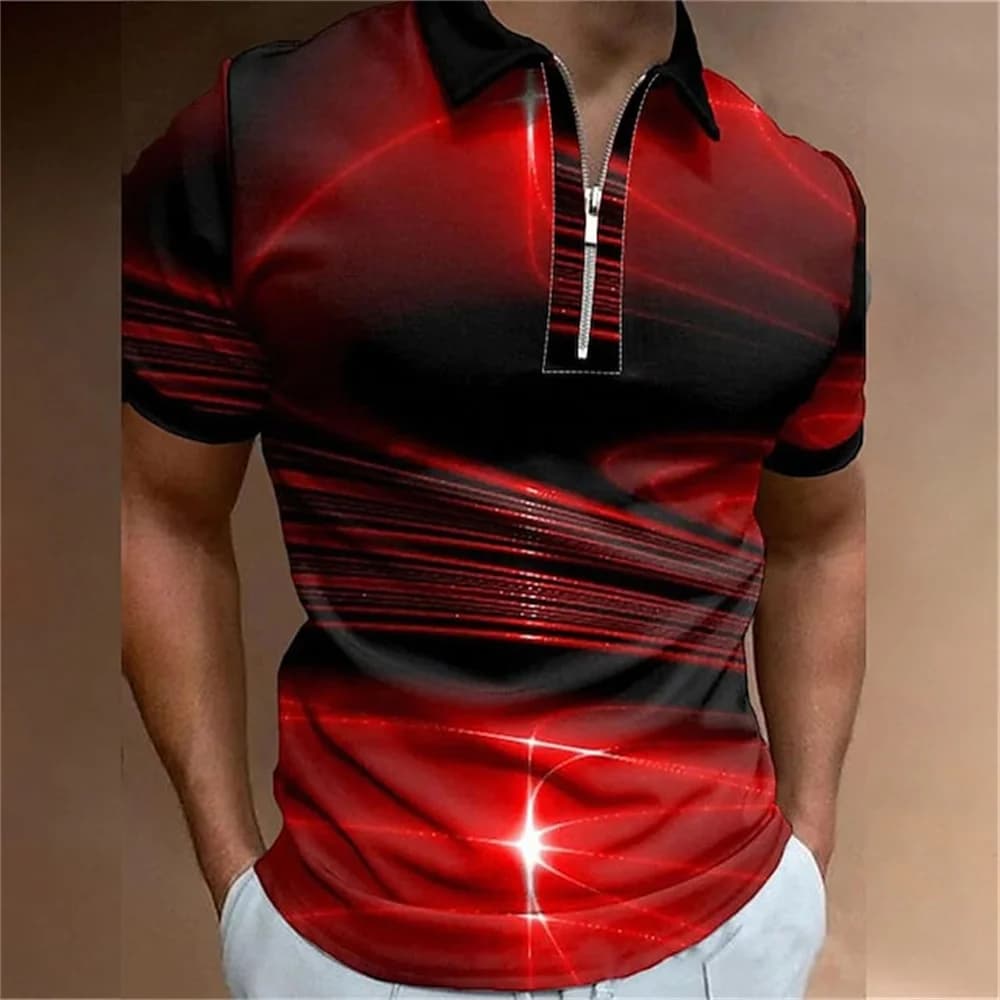 Fashion Men's Clothing Polo Shirts Casual Turn-Down Collar Zipper Golf Wear Ladder Print Short Sleeve Tee Shirt Men Polos Tops