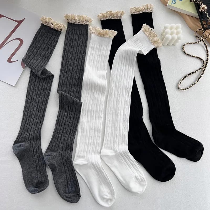 Sexy Lace Up Long Knee Socks for Women Over Knee Thigh High Stockings Fashion Ladies Girls Warm Sexy Blend Tights Black White