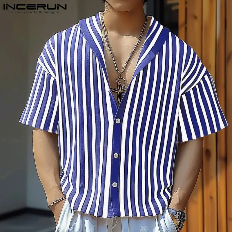 INCERUN Men Striped Shirt V Neck Short Sleeve Button Summer Casual Men Clothing Streetwear 2024 Fashion Leisure Camisas S-5XL