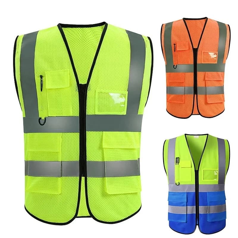 Unisex Summer Safety Vest Security Sleeveless Construction Workwear Zipper With Multi-Pockets For Running Cycling Work