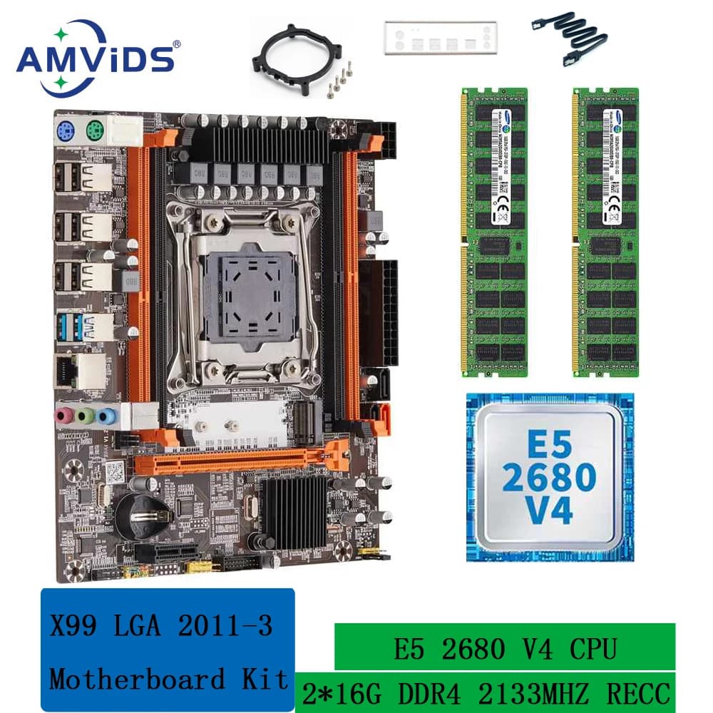 X99 Kit Motherboard with E5 2680 V4 Processor 32GB(2*16GB) DDR4 2133Mhz ECC REG Memory LGA2011-3 Set combo NVME