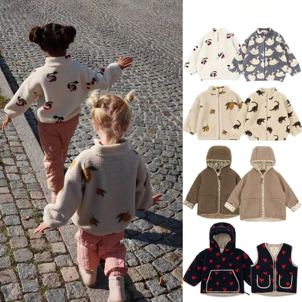 KS Winter Baby Girls Boys Lambswool Cherry Jackets Kids Clothes Sequin Cartoon Panda Outerwear for Boys Children's Coats 1-9Yrs