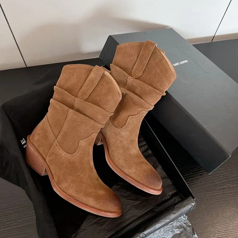 Western Boots Women Cow Suede Fashion Skin Lining Round Toe Ladies Street Sewing Boot Khaki Brown 5cm Block Heeled Ankle Boots