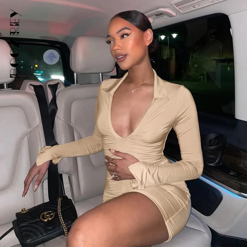 BoozRey Sexy Deep V Long-sleeve Bodycon Dress Girls Pleated Lapel Club Party Clothing Elegant Casual Solid Mini Dress for Women
