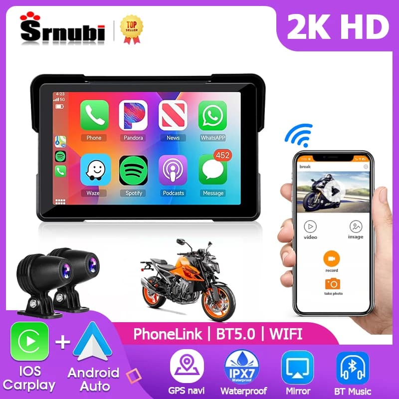 Srnubi 7 inch 2K HD Motorcycle DVR Navigation GPS Wireless CarPlay Android Auto Airplay Display Screen Portable Moto Monitor