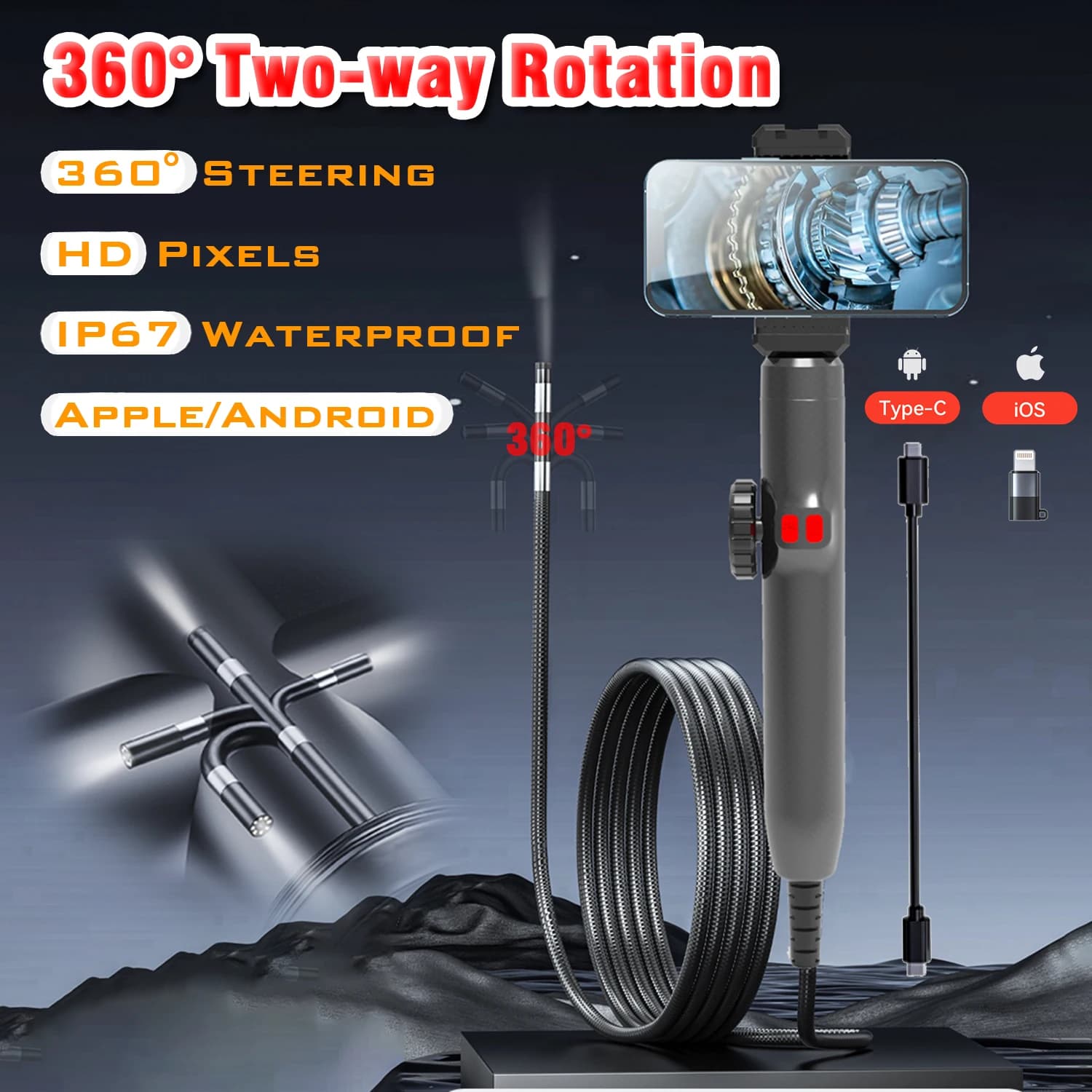 Industrial Rotary Piping Video Endoscope With Articulation Inspection Camera 360 High Quality For Smartphone Car Endoscope 1080p