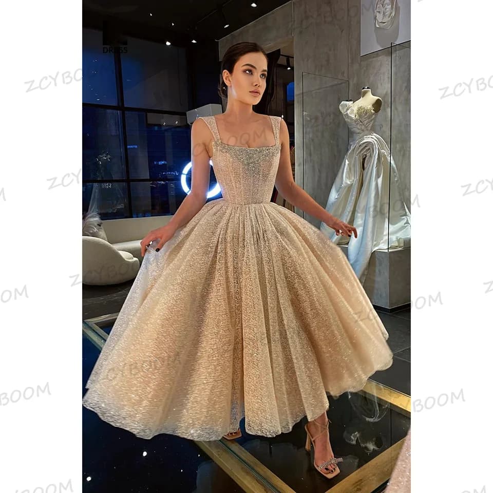 Customized Square Collar Spaghetti Straps Prom Dresses 2025 A-Line Ankle-lengh  Beaded Tulle Zipper Custom Made Formal Gown