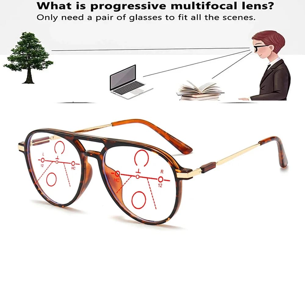 Oversized Pilot Frame Double Bridge Comfortable Progressive Multifocal Reading Glasses +0.75 To +4