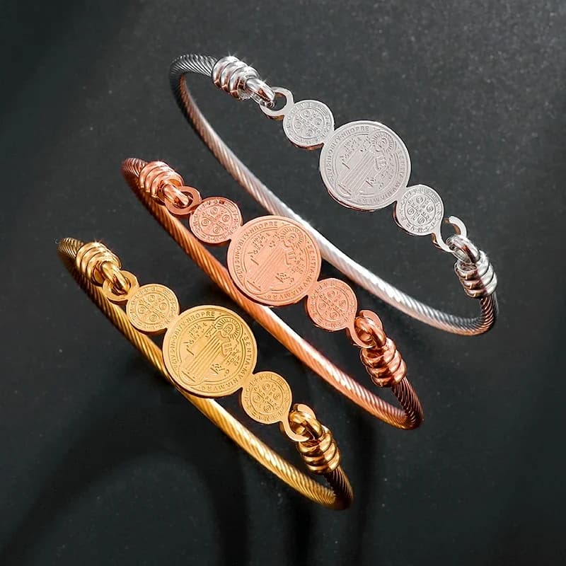 Stainless Steel Saint Benito Cross Bracelet for Men Women Christian Jewelry San Benito Cuff Bracelet Memorial Gift