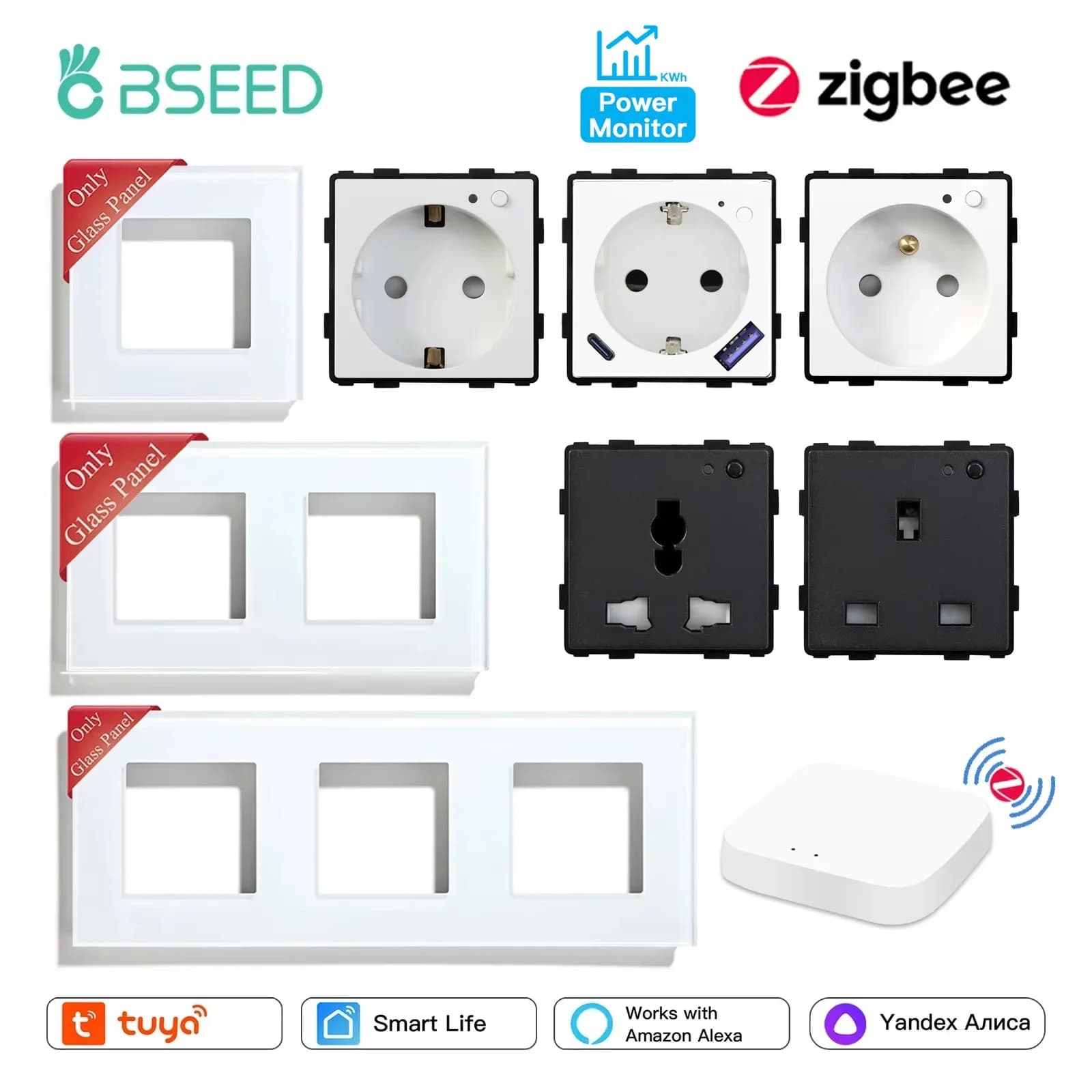 BSEED Zigbee EU/FR/UK/ Universal Smart Wall Socket Plug Function Parts With Power Monitor Glass Frames DIY Parts  Free Combine