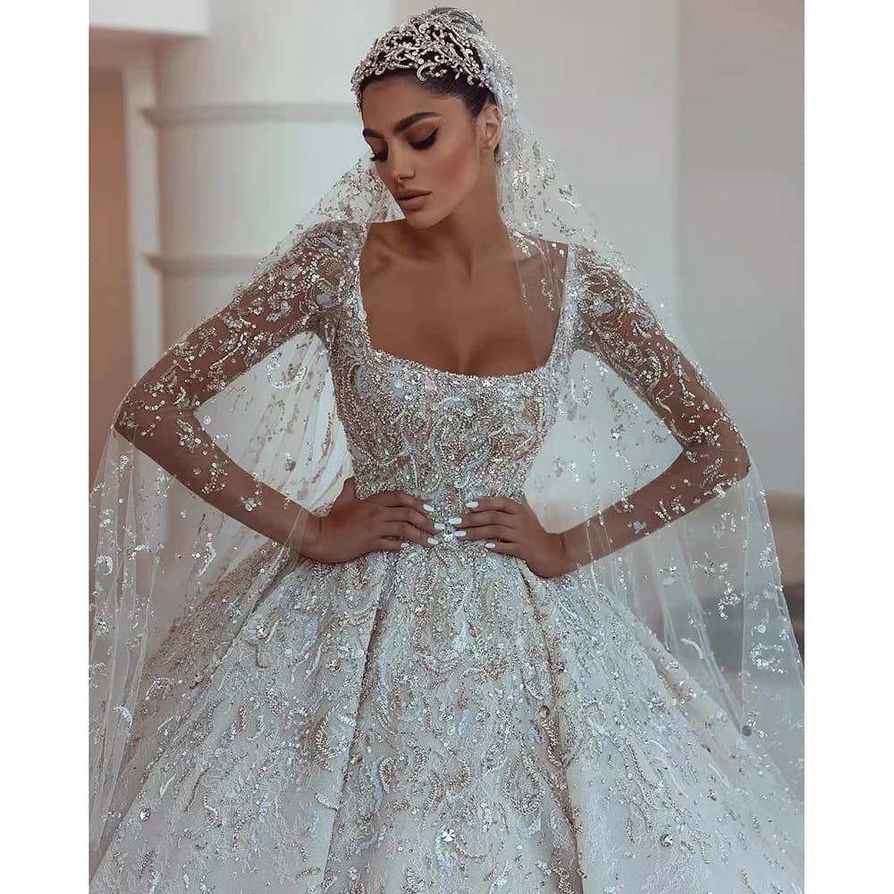 Luxurious Square Neck Wedding Dresses Sequined Beaded Lace Illusion Long Sleeves Bridal Gown Customized Princess Bride Dress