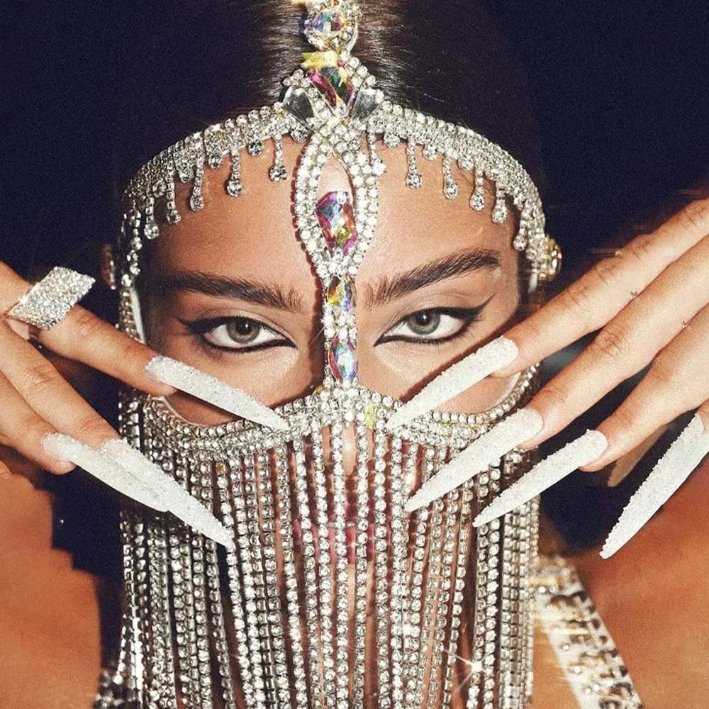 Stonefans New AB Color Tassel Masks Party Women Full Face Halloween Masquerade Headwear Dance Sexy Curtain Mask Accessories Veil