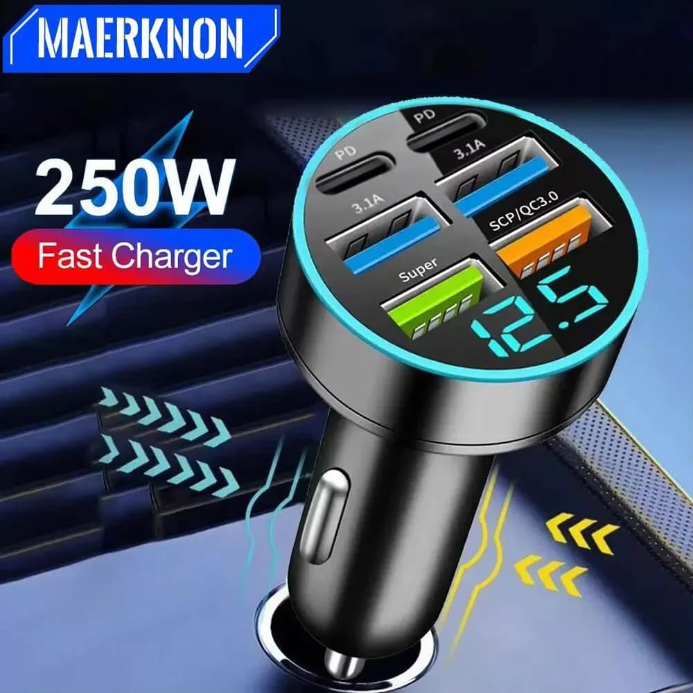 USB Car Charger 250W Fast Charging PD QC3.0 USB C Car Phone Charger For iPhone Samsung Xiaomi Huawei Quick Charge Type C Adapter