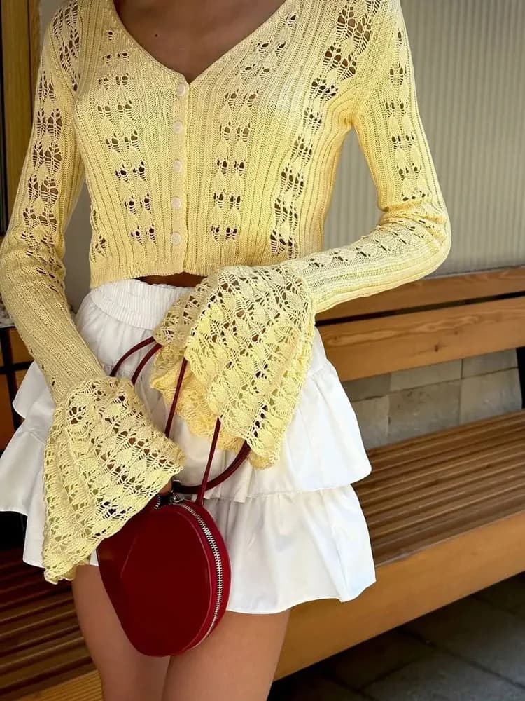 Knitwear Hollow Out Sweater Cardigan Women V-Neck Long Sleeve See-Through Cropped Top Summer Knit Patchwork Cardigan Top