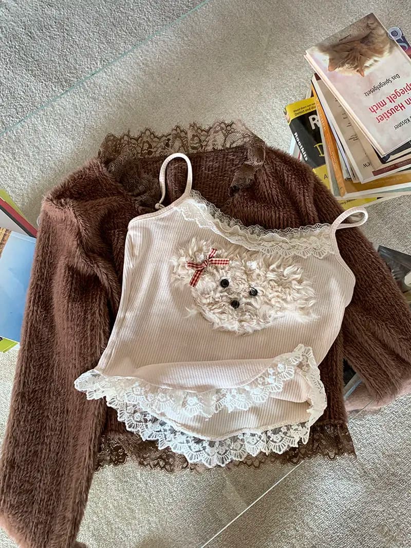 Kawaii Casual 2 Piece Sets Women Y2k Crop Top Corset Vest + Cardigan Coats 2000s American Y2k Vintage Suits Chic Outfis Autumn