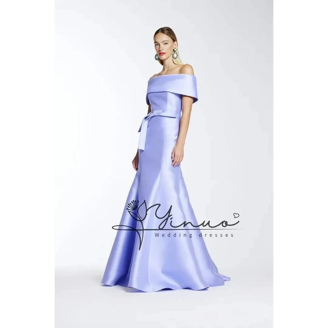 Elegant Long Lilac Satin Evening Dresses Mermaid Bateau Neck Watteau Train Prom Dress Robes de Soirée for Women